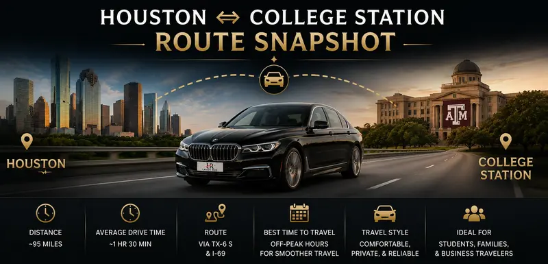 Alt text: Houston to College Station route snapshot graphic featuring a BMW 7 Series luxury sedan with Lavish Ride branding, showcasing private travel distance, drive time, Texas A&M destination, and premium intercity transportation.